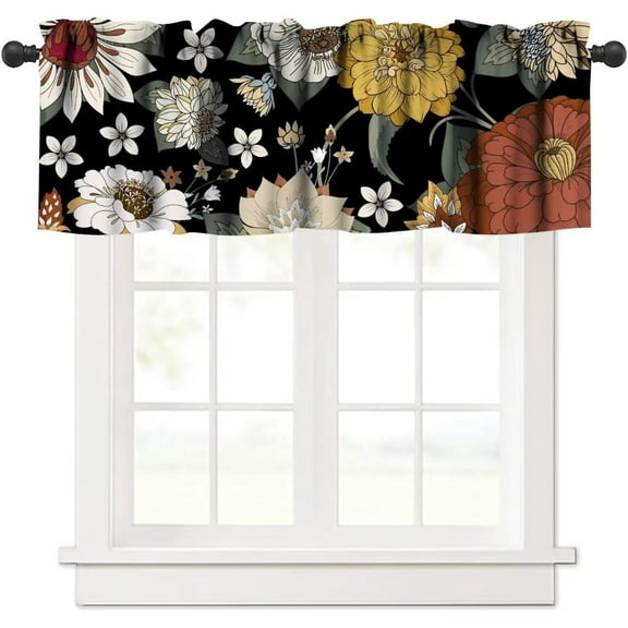 Boho Floral Valance, Traditional Colorful Bohemian Mandala Floral Dark Flower Leaves Modern Spring Garden Blackout Short Window Treatments for Living Room Bedroom Kitchen, 54x18in