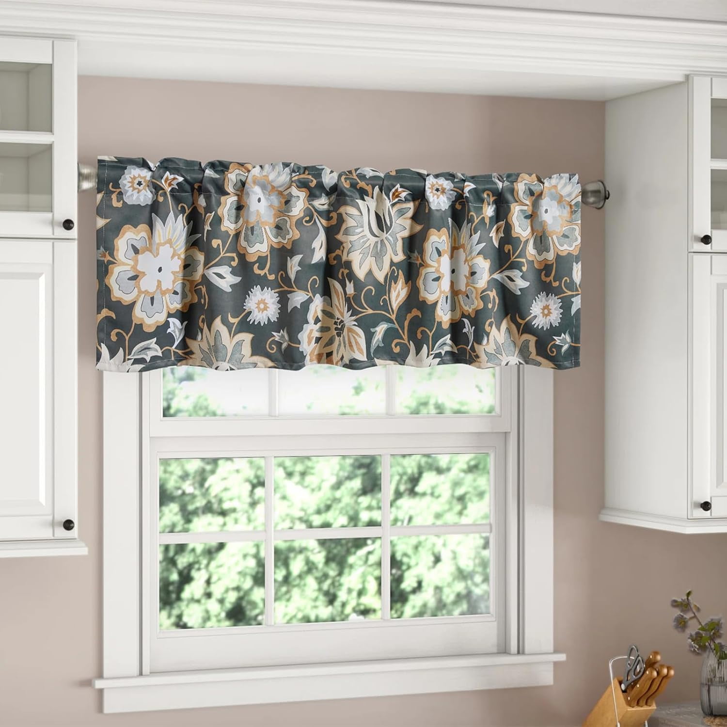 Boho Floral Valances for Windows 18‘‘L Moody Black Vintage Hippie Tribal Chic Valance Curtains Blackout Privacy Short Small Window Curtain Country Farmhouse Kitchen Valance, Rod Pocket