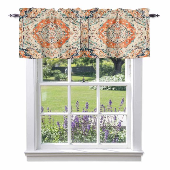 Boho Floral Valances for Windows Orange Theme Abstract Traditional Ethnic Flowers Rod Pocket Cafe Window Treatments Valance Curtains for Kitchen Bathroom Laundry Basement Windows 60"x18"