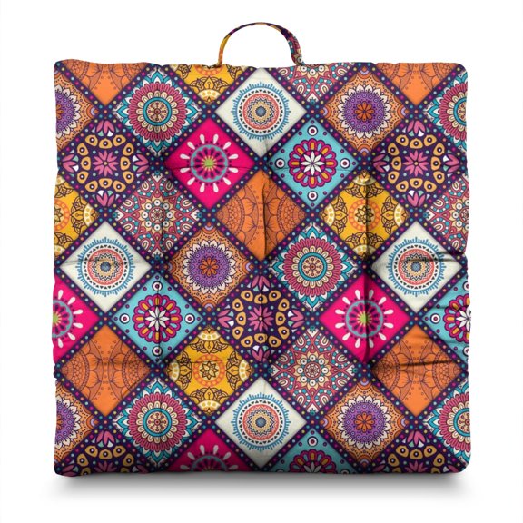 Boho Floral Vintage 24" Square Meditation Cushion - Thick & Supportive Floor Pillow for Adults with Tribal Folk Style Patterns, Soft Skin-Friendly Fabric for Yoga & Zen Sitting