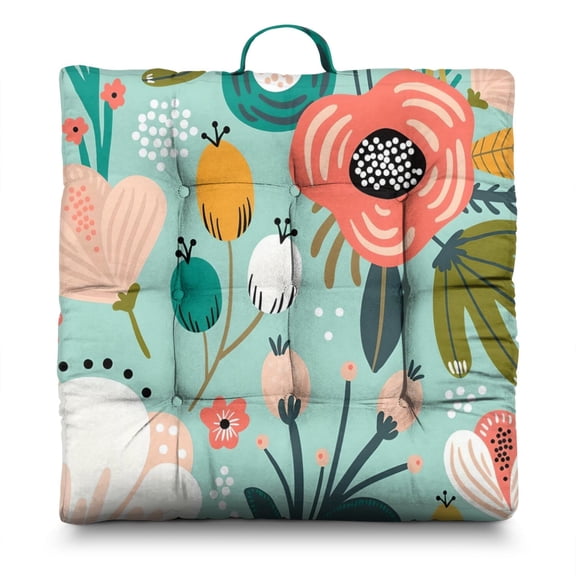 Boho Floral Vintage 24" Square Meditation Cushion - Thick & Supportive Floor Pillow for Adults with Tribal Folk Style Patterns, Soft Skin-Friendly Fabric for Yoga & Zen Sitting