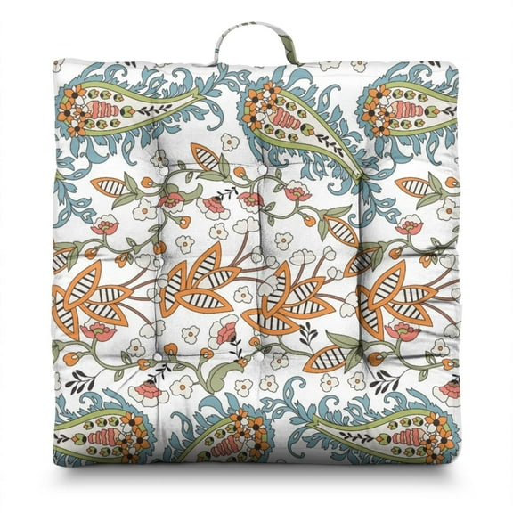 Boho Floral Vintage 24" Square Meditation Cushion - Thick & Supportive Floor Pillow for Adults with Tribal Folk Style Patterns, Soft Skin-Friendly Fabric for Yoga & Zen Sitting