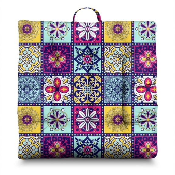 Boho Floral Vintage 24" Square Meditation Cushion - Thick & Supportive Floor Pillow for Adults with Tribal Folk Style Patterns, Soft Skin-Friendly Fabric for Yoga & Zen Sitting