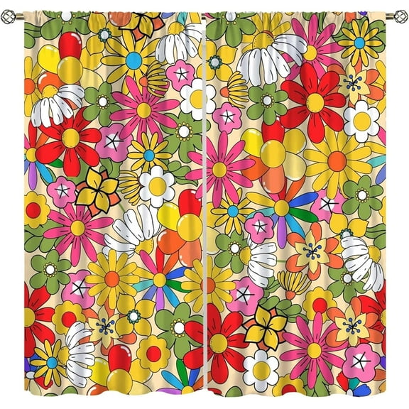 Boho Floral Vintage 70s Window Curtains, Hippie Bright Orange Flowers Groovy Drapes for Kids,Abstract Funny Art Print for Boys Girls Room Living Room Set 2 Panels,84x84 Inches, Style-6