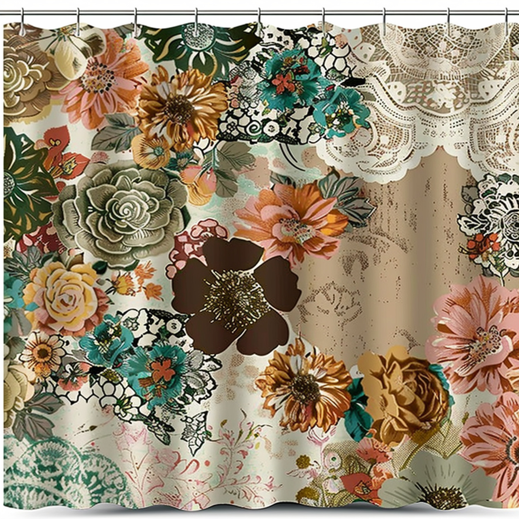 Boho Floral Vintage Pattern Shower Curtain in Rustic Brown Beige Teal
