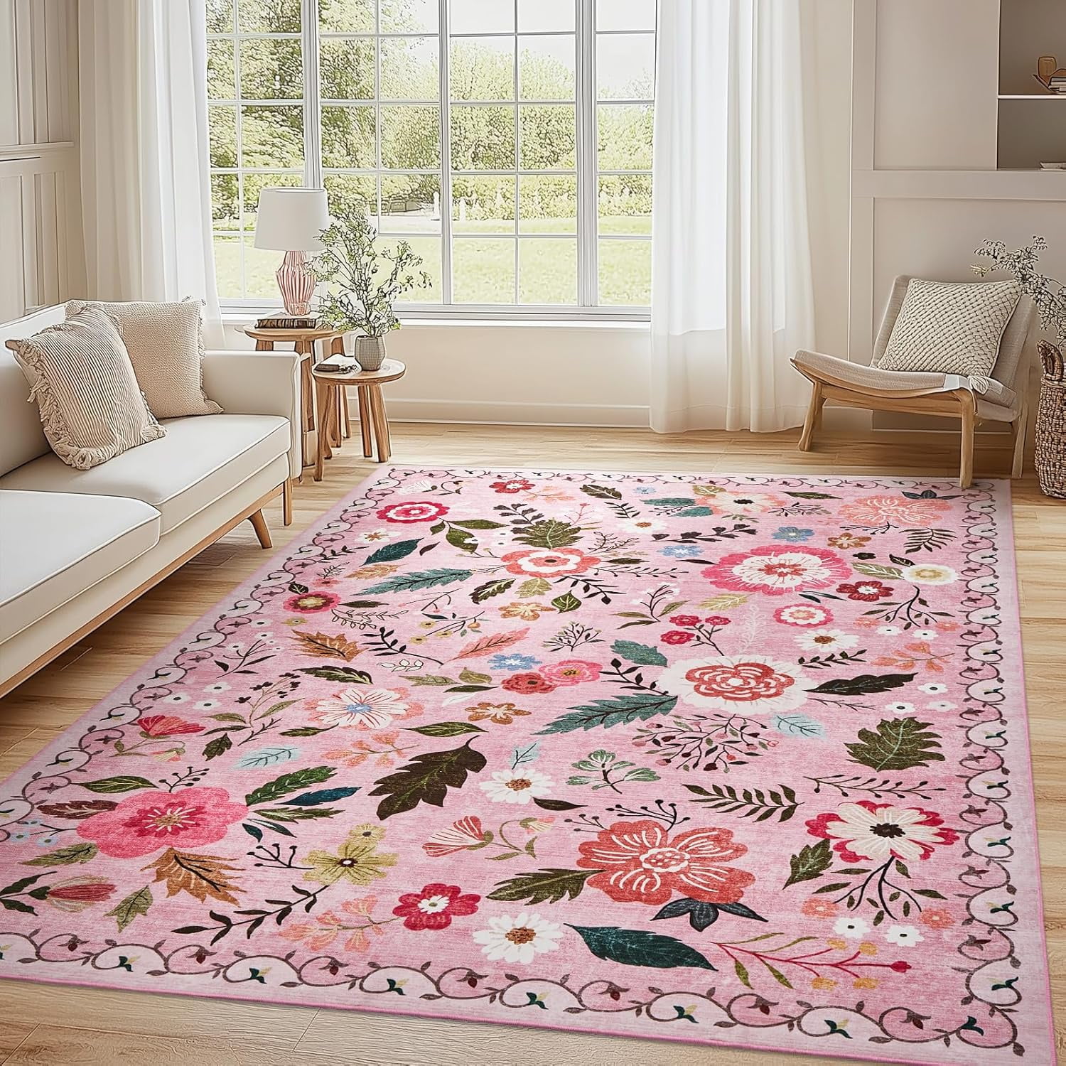 Boho Floral Vintage Rug For Bedroom Washable Rug Soft Low Pile Living ...