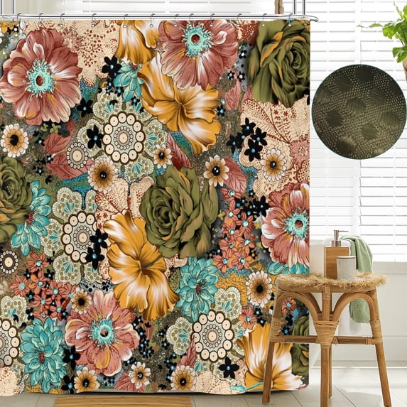 Boho Floral Waffle Textured Shower Curtain, Weighted Bottom Retro Colorful Paisley Mandala Bohemian Flowers Bathroom Curtain Waterproof Washable Heavy Duty Fabric with 12 Hooks, 72"x 72"