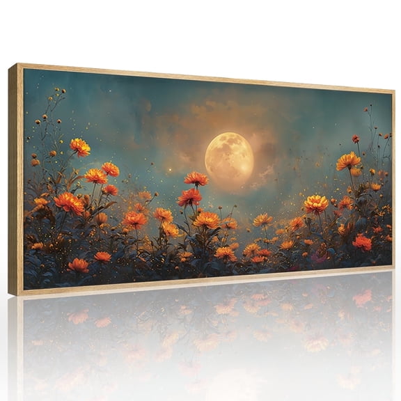 TOARTi Boho Floral Full Moon Framed Canvas Wall Art Flower Field Vintage Landscape Painting Nature Scenery Decor for Living Room Bedroom Farmhouse 20x40 Inch