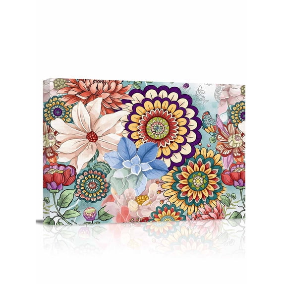 Boho Floral Wall Art for Living Room,Canvas Picture Wall Decor for Bathroom Bedroom,Bohemia Colorful Mandalas Botanical Flower Painting Artwork for Office Kitchen Hallway Dining Room Decor 12"x16"