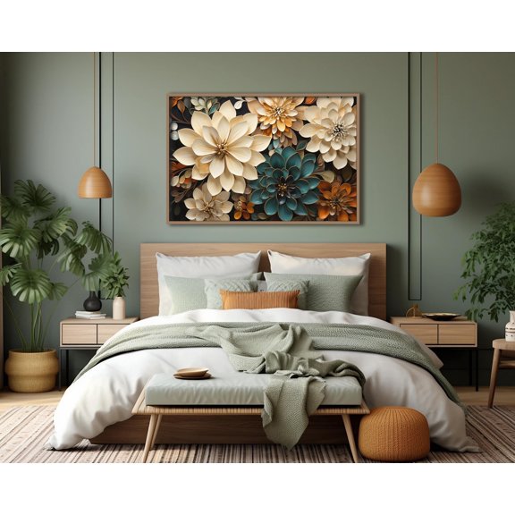 Boho Floral Wall Art Teal Beige And Orange. Unique Home Decor Modern Art Home Office Statement Piece Neutral Colors Floral Wall Art Print Poster, Poster Home Decor, Poster Only