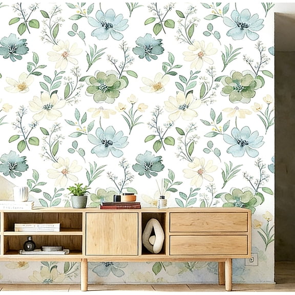 TOARTi Boho Floral Wallpaper Green Flower Peel and Stick Watercolor Botanical Wall Decal For Bedroom Living Room 17.3in x 9.8ft