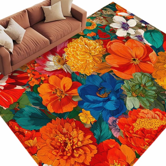 Boho Floral Washable Living Room Rugs 6'x9', Marigold Dahlia Orange Yellow Blue Botanical Low Pile Throw Large Area Rug Non-Slip Sturdy Edge Binding Carpet for Dining Room Kitchen Office