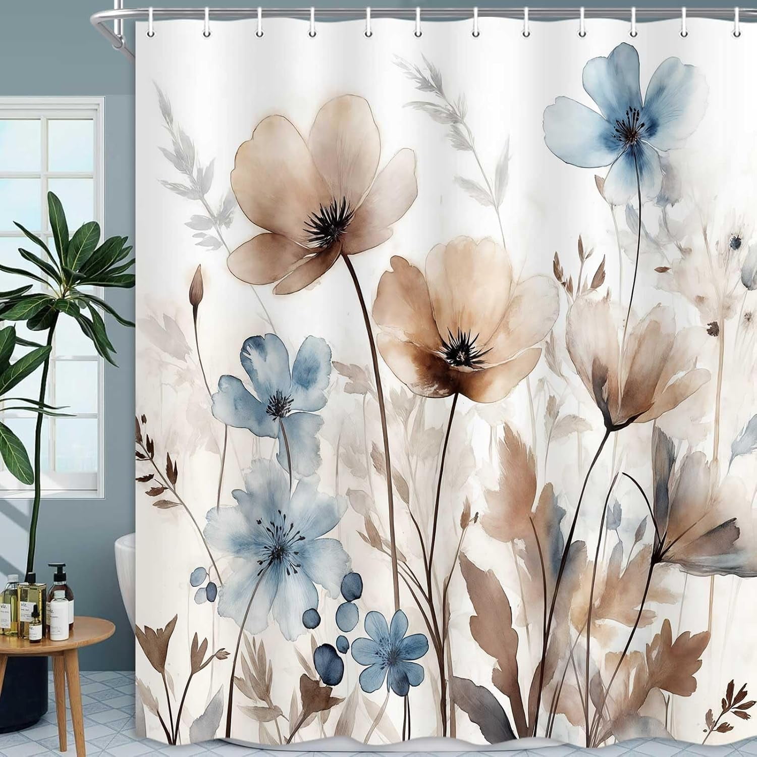 Boho Floral Watercolor Shower Curtain Cream Tan Beige Blue Watercolor Flower Fabric Shower Curtains Set for Bathroom Decoration Rustic Farmhouse Bath Decor 54"W x 78"L (Pack of 1)