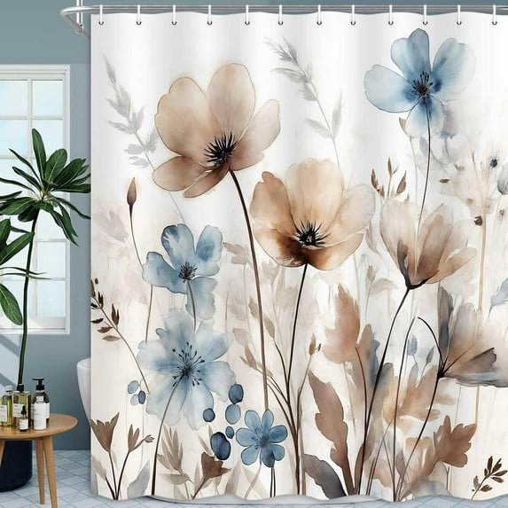 Boho Floral Watercolor Shower Curtain Cream Tan Beige Blue Watercolor Flower Fabric Shower Curtains Set for Bathroom Decoration Rustic Farmhouse Bath Decor 72"W x 84"L (Pack of 1)
