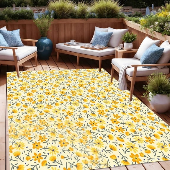 Boho Floral Waterproof Outdoor Rug For Patio Balcony Deck Garden Porch Foyer Washable Reversible Outside Area Rug Yellow Flower Texture Carpet 1x2ft
