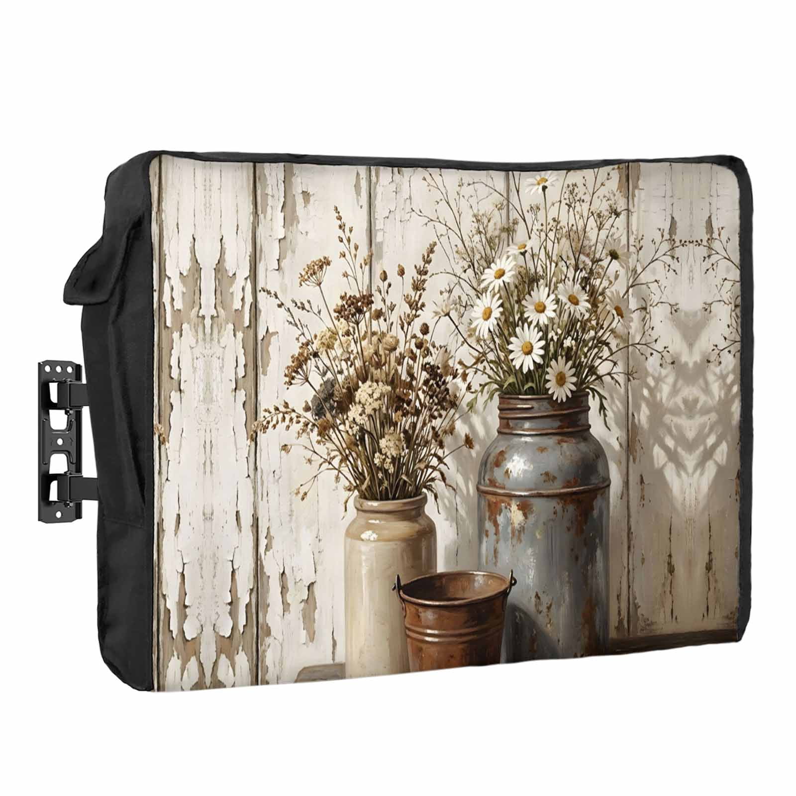 Boho Floral Waterproof Outdoor TV Cover, Vintage Dried Flowers Milk ...