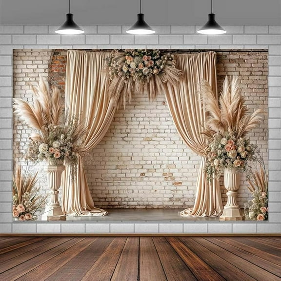 Boho Floral Wedding Backdrop Vintage Flowers Brick Wall Background Photography Backdrops for Parties Wedding, Girls Birthday Princess Weeding Bridal Shower Floral Anniversary Ceremony Decor