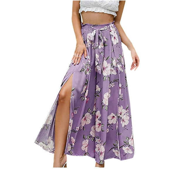 Boho Floral Wide Leg Pants for Women Summer Casual High Waisted Flowy Split Front Beach Palazzo Pants with Pockets