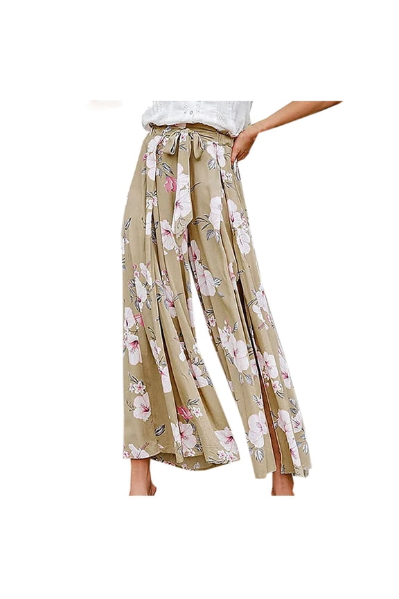Boho Floral Wide Leg Pants for Women Summer Casual High Waisted Flowy Split Front Beach Palazzo Pants with Pockets