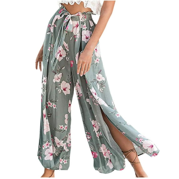 Boho Floral Wide Leg Pants for Women Summer Casual High Waisted Flowy Split Front Beach Palazzo Pants with Pockets
