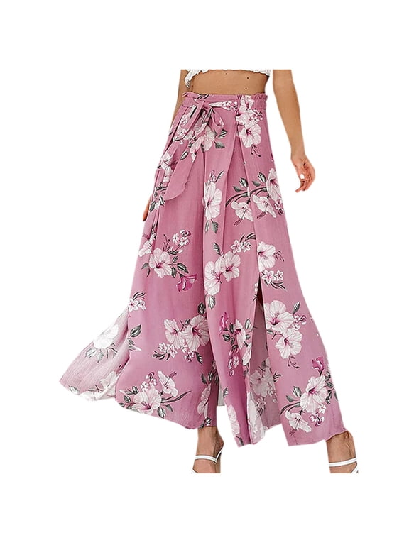 Boho Floral Wide Leg Pants for Women Summer Casual High Waisted Flowy Split Front Beach Palazzo Pants with Pockets