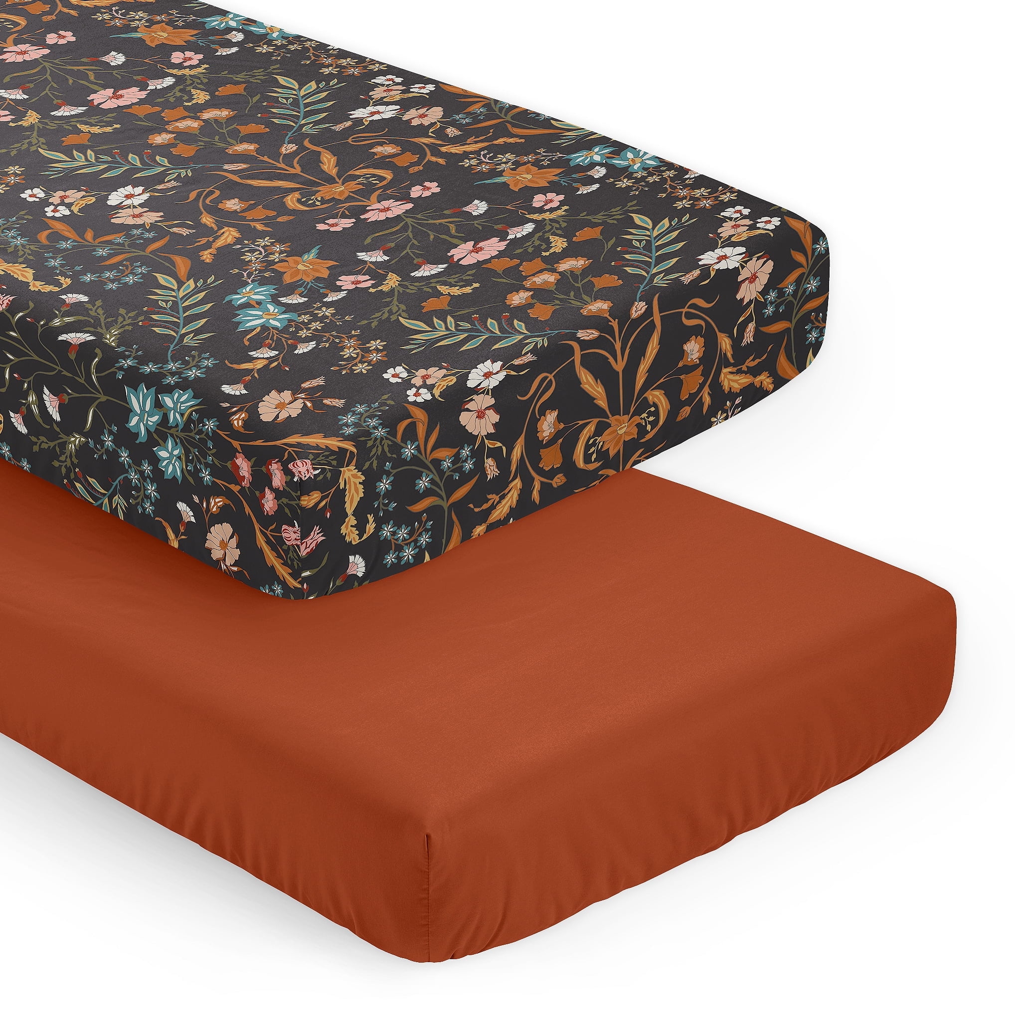 Sweet Jojo Designs Boho Floral Wildflower Orange Black Blue Fitted Crib Sheets 2 Piece Set