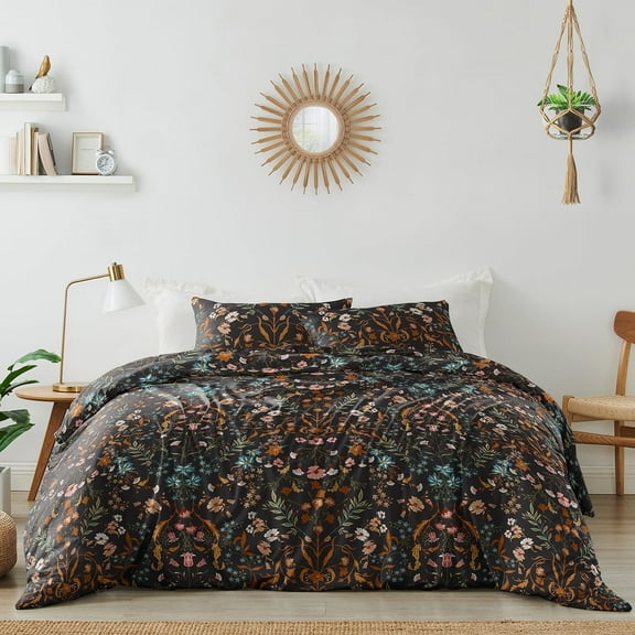 Sweet Jojo Designs Boho Floral Wildflower Black Orange Green Blue Full/Queen Bed Comforter 3 Piece Bedding Set - 3 Piece