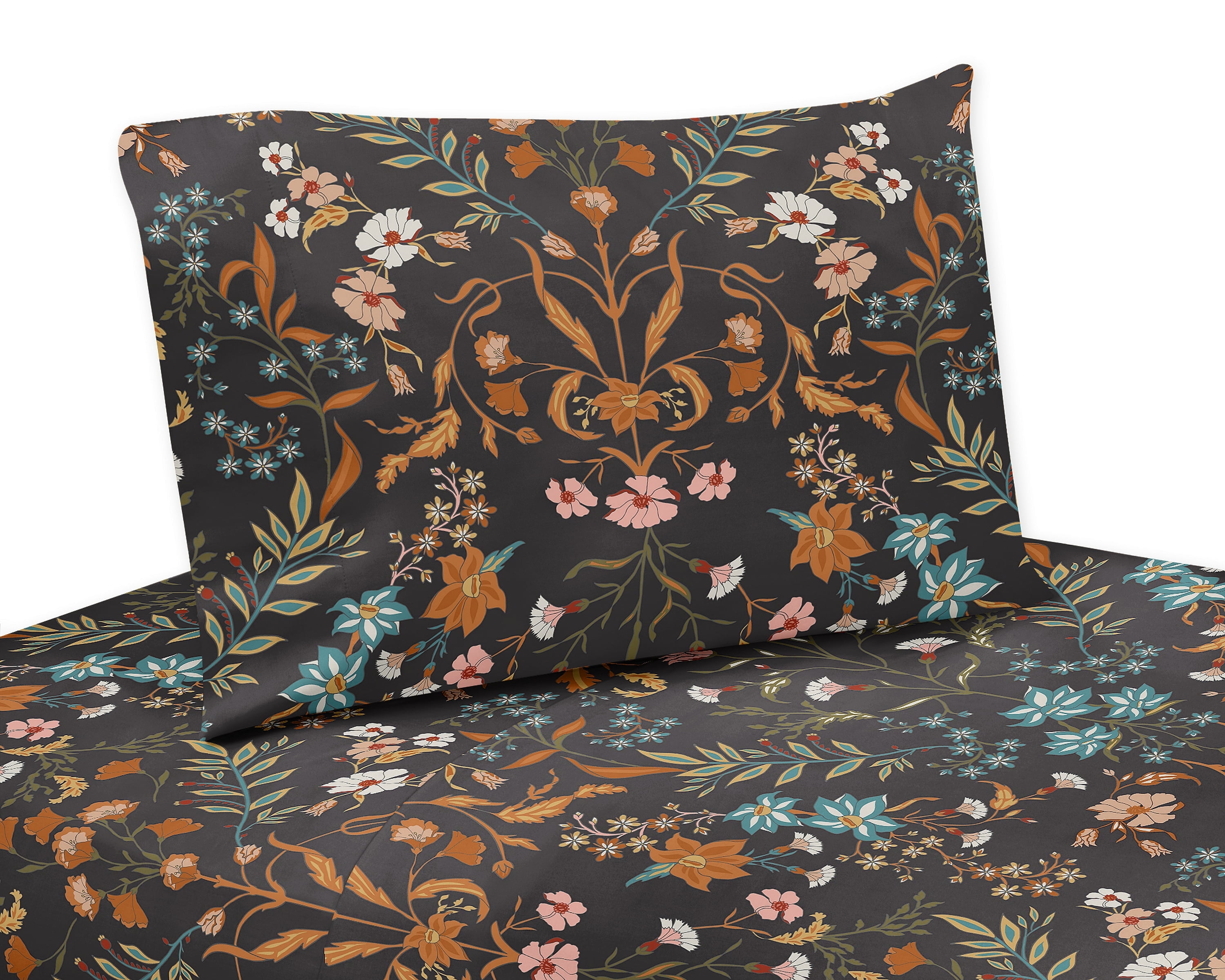 Boho Floral Wildflower Black and Orange Queen Microfiber Sheet Set