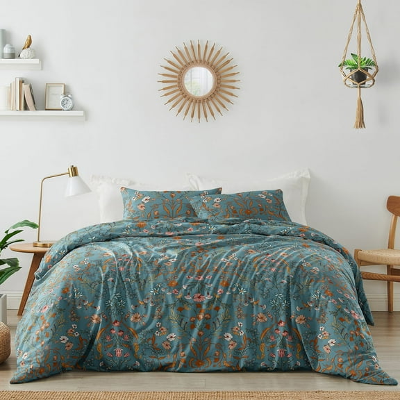 Sweet Jojo Designs Boho Floral Wildflower Blue Orange King Duvet Cover Bedding Set 3 Piece Set