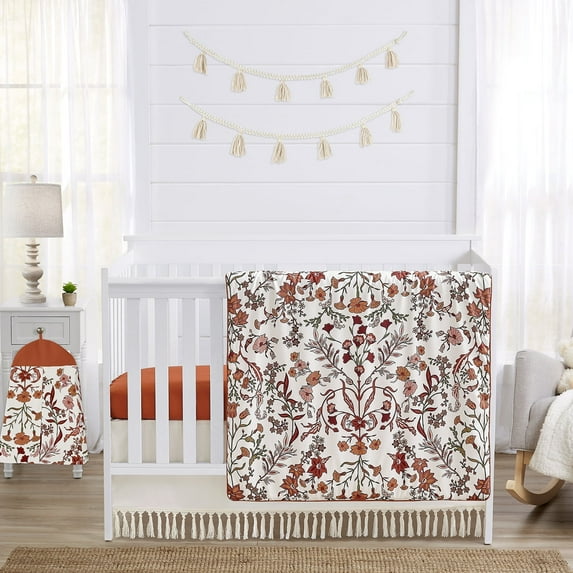 Sweet Jojo Designs Boho Floral Wildflower Rust Orange Ivory Off White 4 Piece Crib Bedding Set