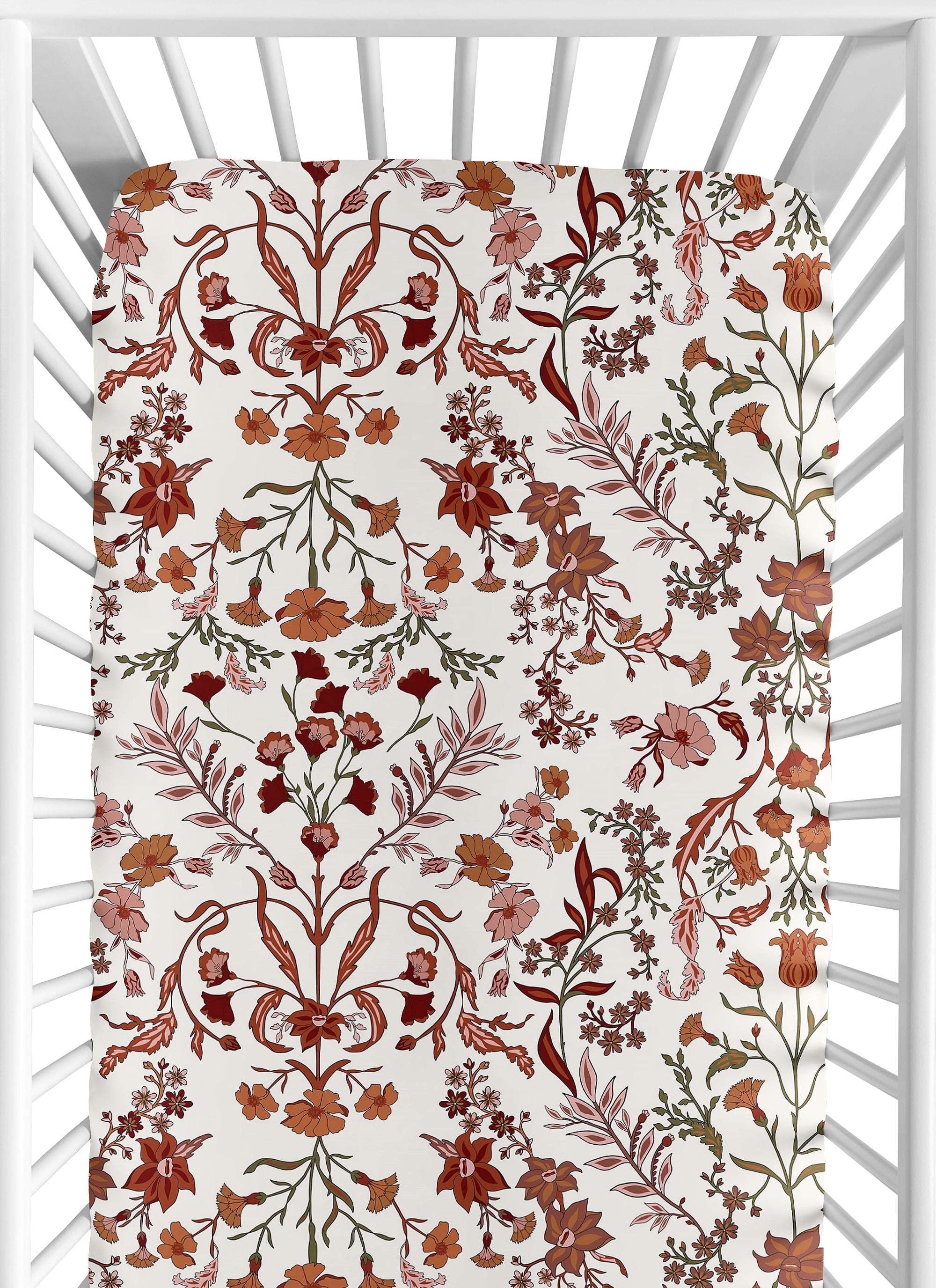 Ivory and Rust Orange Floral Toddler Crib Sheet Set