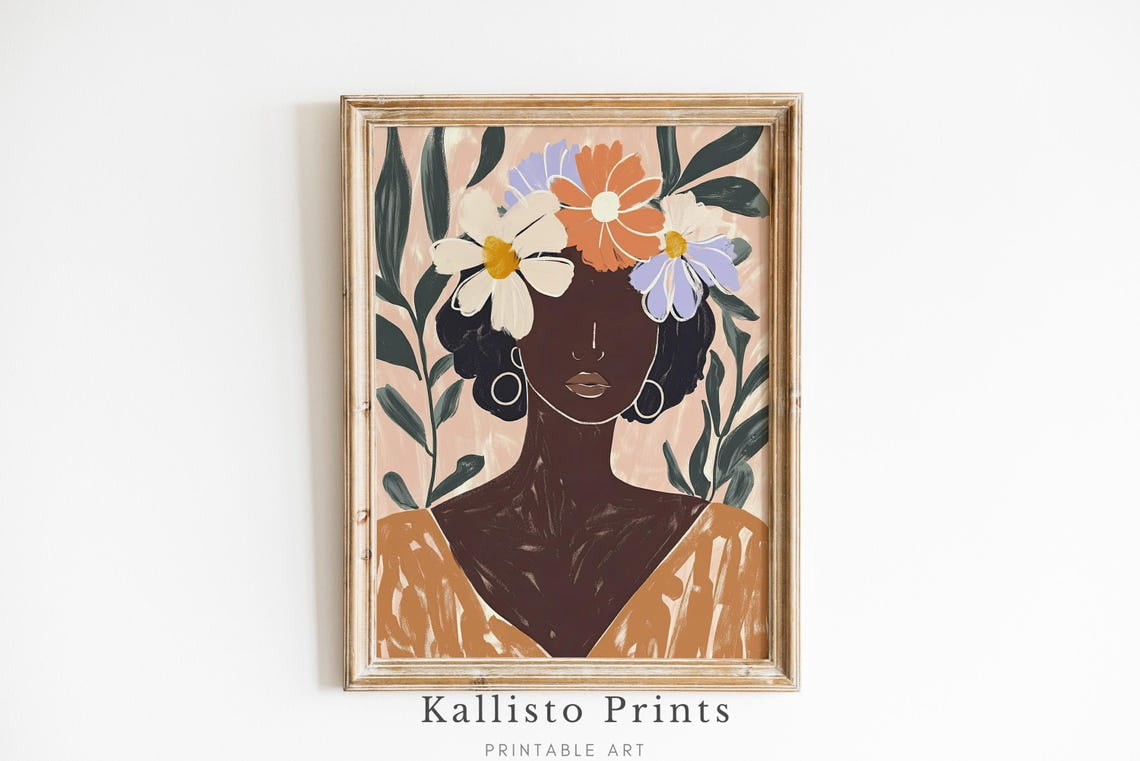 Boho Floral Woman Print Poster, Minimalist Portrait , Feminine Wall ...
