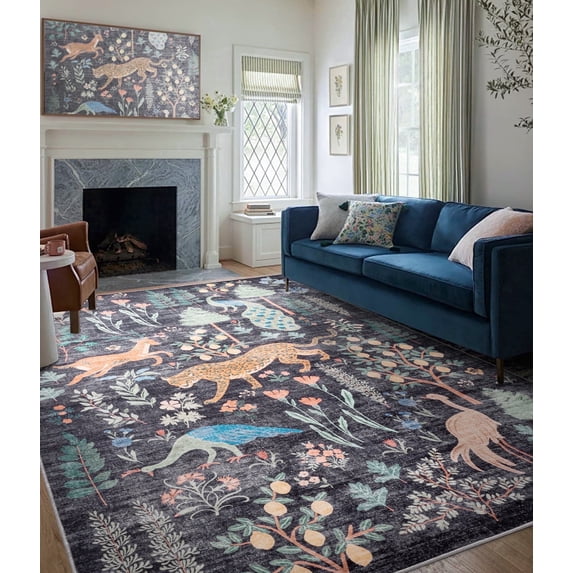 CHAKMEONE Boho Floral and Animal Print Machine Washable Non-Slip Area Rug in Black