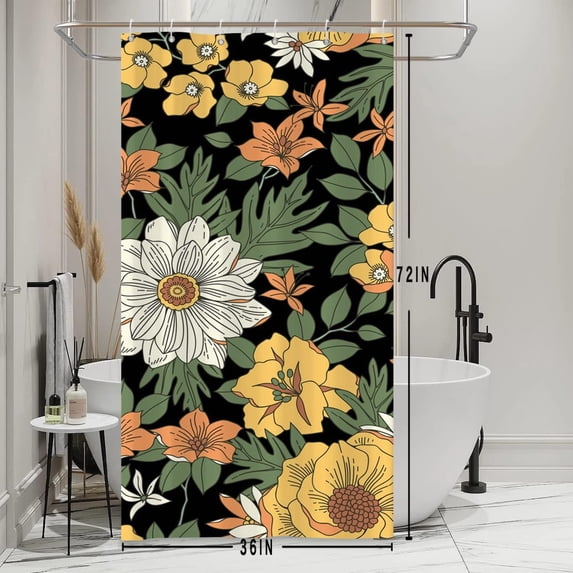 Boho Florals Shower Curtain Flower Tropical Leaves Art Vintage Small Tall Bathroom Curtain Cloth Fabric Black Background Waterproof Bathtub Curtain 36Wx72H