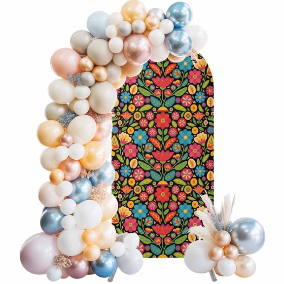 Boho Flower Arch Backdrop Cover 6.6x3.3 Ft, Spandex Wedding Arch Stand Cover, Red Blue Yellow Colorful Mexico Tribal Round Top Stretch Fitted Background Covers for Birthday Ceremony Party Decor