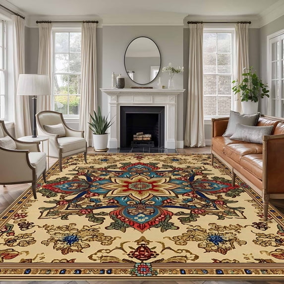 Boho Flower Area Rug 6x9 FT, Non Slip Living Room Throw Carpet, Bohemian Western Rustic Tribal Patterns Washable Soft Large Floor Carpet Non-Shedding Rug for Bedroom Dining Room Play Room