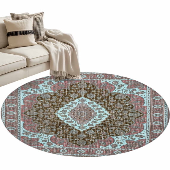 Boho Flower Area Rug, Pink Teal Bohemia Geometric Tribal Ethnic ...