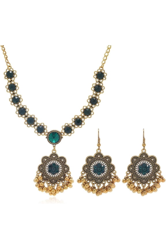 Boho Flower Ball Jhumka Jewelry Set for Women Gold Tone Indian Green Rhinestone Balls Tassel Statement Dangle Earrings Faux Kundan Choker Pendant Necklace Ethnic Traditional Wedding Holiday
