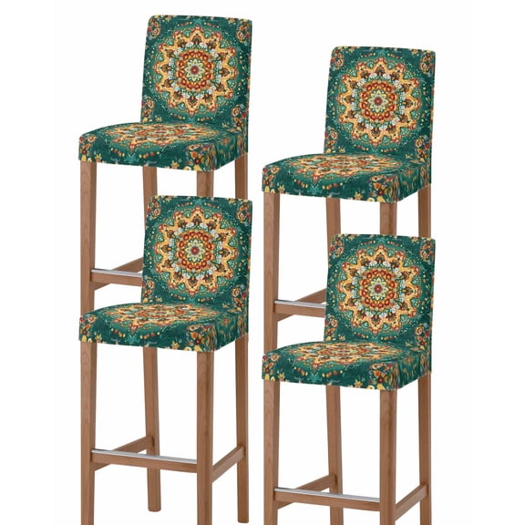 Boho Flower Bar Stool Covers Set of 4, Yellow Green Bohemian Colorful Medallion Stretch Washable Bar Chair Covers with Backs, Removable Pub Counter Height Chair Cover for Kitchen Dining Room Cafe