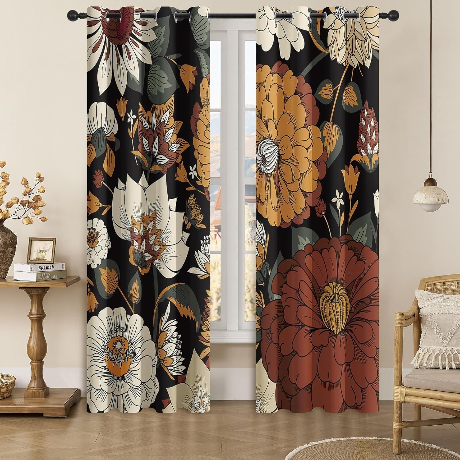 Boho Flower Blackout Curtains for Bedroom Windows, Plant Leaves Print Curtains for Living Room, Black Bohemian Dining Room Curtain Draperies 2 Panel Sets, 52" X 84"