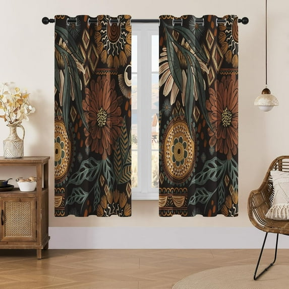 Boho Flower Blackout Curtains for Bedroom Windows, Plant Leaves Print Curtains for Living Room, Vintage Bohemian Dining Room Curtain Draperies 2 Panel Sets, 52" X 63"