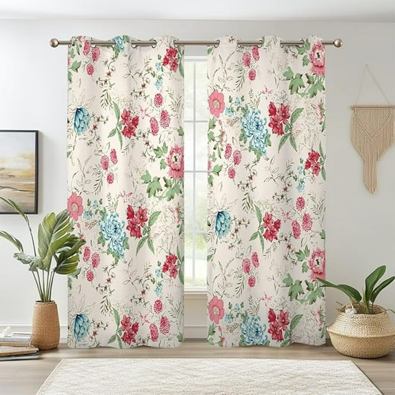 Boho Flower Blackout Curtains Wild Blue Pink Floral Thermal Insulated Window Drapes For Bedroom Beige Window Curtain Panels For Kitchen Living Room 42"W x 63"L (Pack of 2)