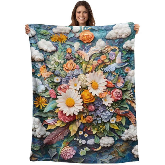 Boho Flower Blanket Soft Cozy Warm Throw Blanket for Couch, Plush Fuzzy Flannel Fleece Blankets for Sofa, Retro Daisies Bohemia Floral Clouds Ethnic Bed Blankets Lightweight Gifts for Women, 50"x60"