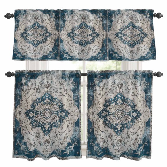 Boho Flower Blue Gray Kitchen Curtains Sets for Windows 24 Inch Length, Retro National Floral Textured Rod Pocket Window Treatments Tier Curtains and Valances Set for Bedroom/Bathroom