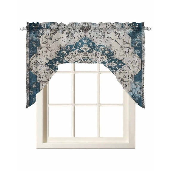 Boho Flower Blue Gray Kitchen Swag Valances for Windows, Retro National Floral Textured Swag Valances Curtains for Living Room, Rod Pocket Window Treatments for Bathroom, Bedroom, Cafe, 56"x36"