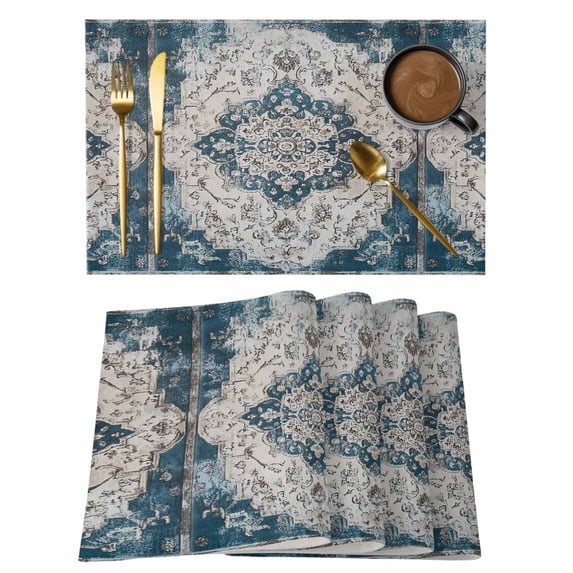 Boho Flower Blue Gray Placemats Set of 12 Retro National Floral Textured Place Mats Indoor Wipeable Table Mats Washable Cloth Dining Table Placemats for Kitchen Holiday Party Home Decor 13x19 Inch