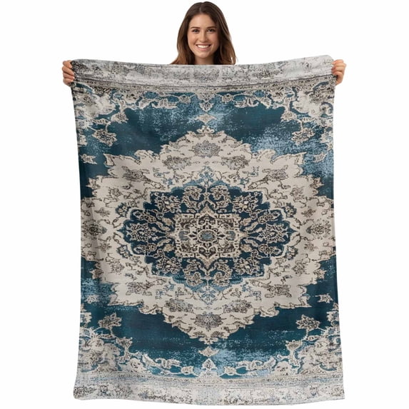 Boho Flower Blue Grey Blanket Soft Cozy Warm Throw Blanket for Couch, Plush Fuzzy Flannel Fleece Blankets for Sofa, Vintage National Floral Textured Bed Blankets Lightweight Gifts for Women, 30"x40"