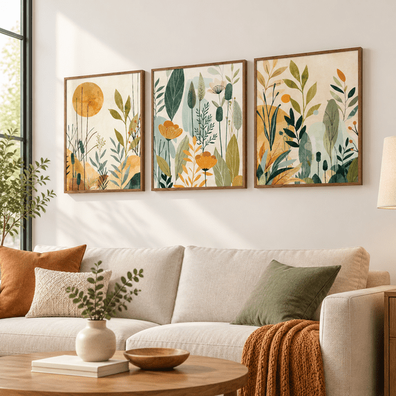 Boho Flower Botanical Canvas Wall Art Set, Neutral Green Abstract Sun ...