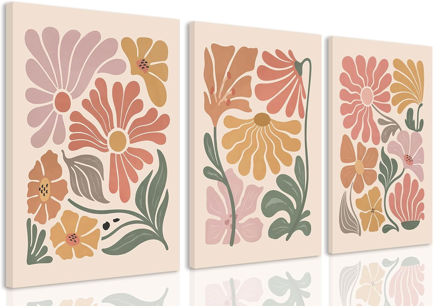 Boho Flower Canvas Wall Art Abstract Floral Pictures Prints Set of 3 Minimalist Botanical Painting Poster Flower Market Aesthetic Wall Decor for Living room Bedroom 12"x16" Framed