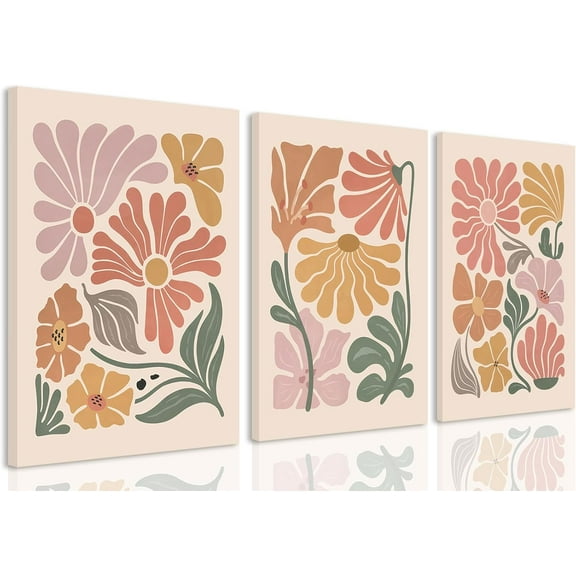 Boho Flower Canvas Wall Art Abstract Floral Pictures Prints Set of 3 Minimalist Botanical Painting Poster Flower Market Aesthetic Wall Decor for Living room Bedroom 12"x16" Framed